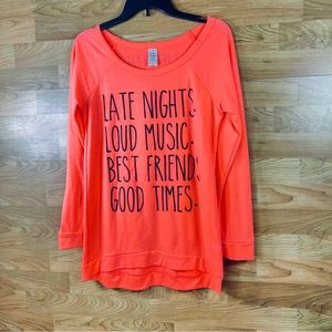Messy Buns Lazzy Days Size Medium Fluorescent Orange Long Sleeve w/Black…
